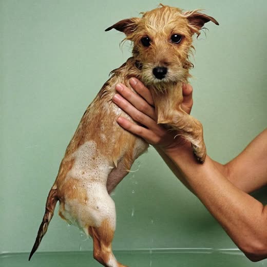 A small terrier being bathed, soft suds on its back
